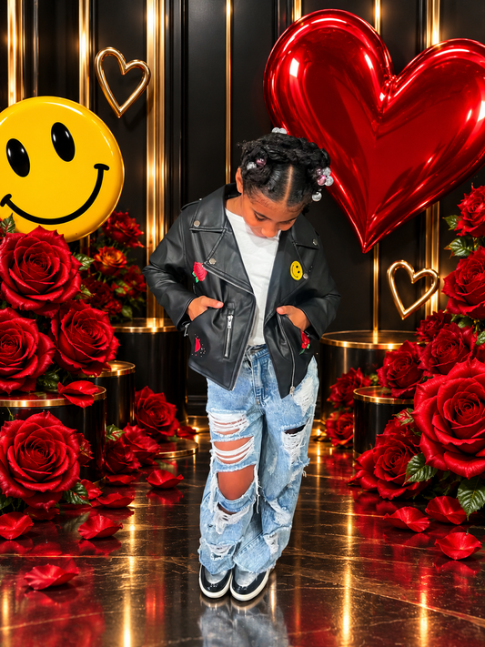 You Got It Girl moto jacket with patches and painted accents