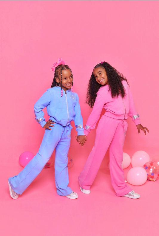 Rosie Cuddleton shimmer jogger set for girls in blue and pink